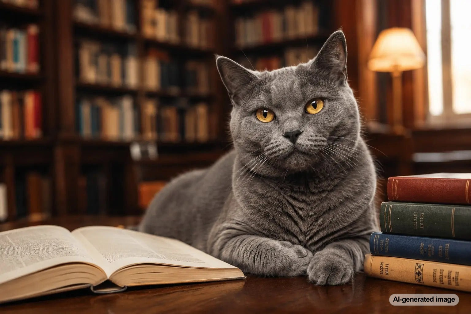 A cozy library cat resting among books as a furry guardian of literature