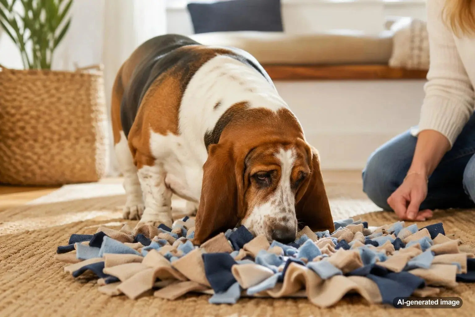 Basset Hound using its powerful nose during an outdoor scent enrichment game
