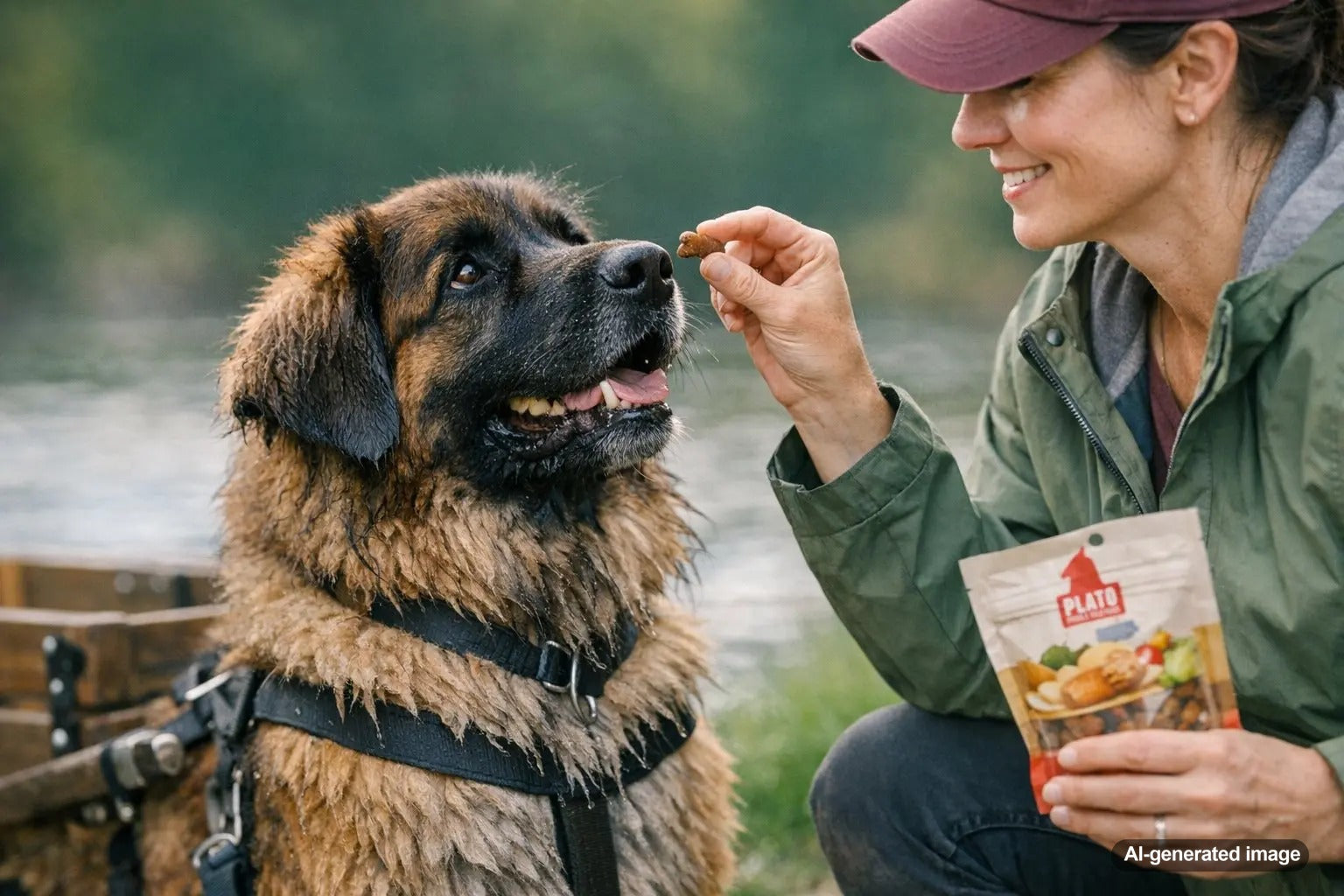 Lion-like Leonberger enjoying joint-friendly fitness through water work and carting