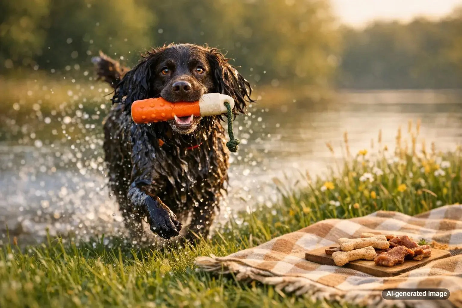 Boykin Spaniel playing water and field games outdoors