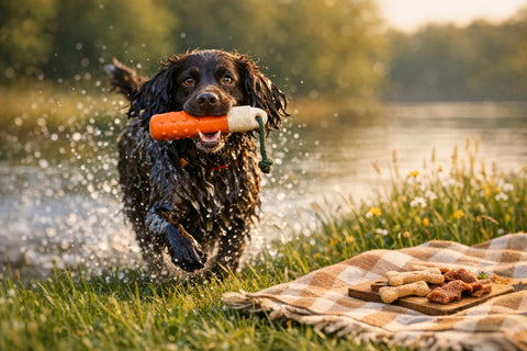 Boykin Spaniel playing water and field games outdoors