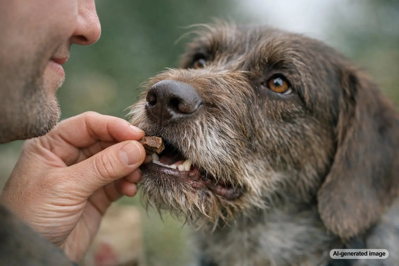 Dog during training receiving a high-value liver-style reward for focus and motivation