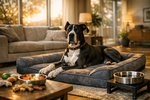 A Great Dane comfortably lounging in a cozy living space with orthopedic bed and plush surroundings, symbolizing the importance of joint care.