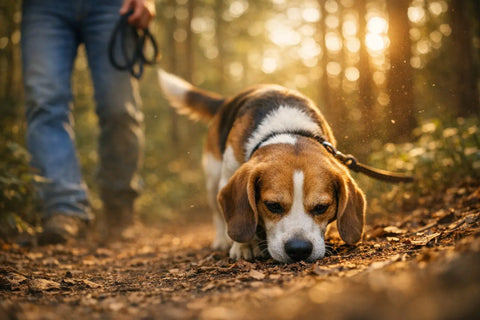 Beagle using its powerful sense of smell outdoors, representing scent-driven enrichment and training