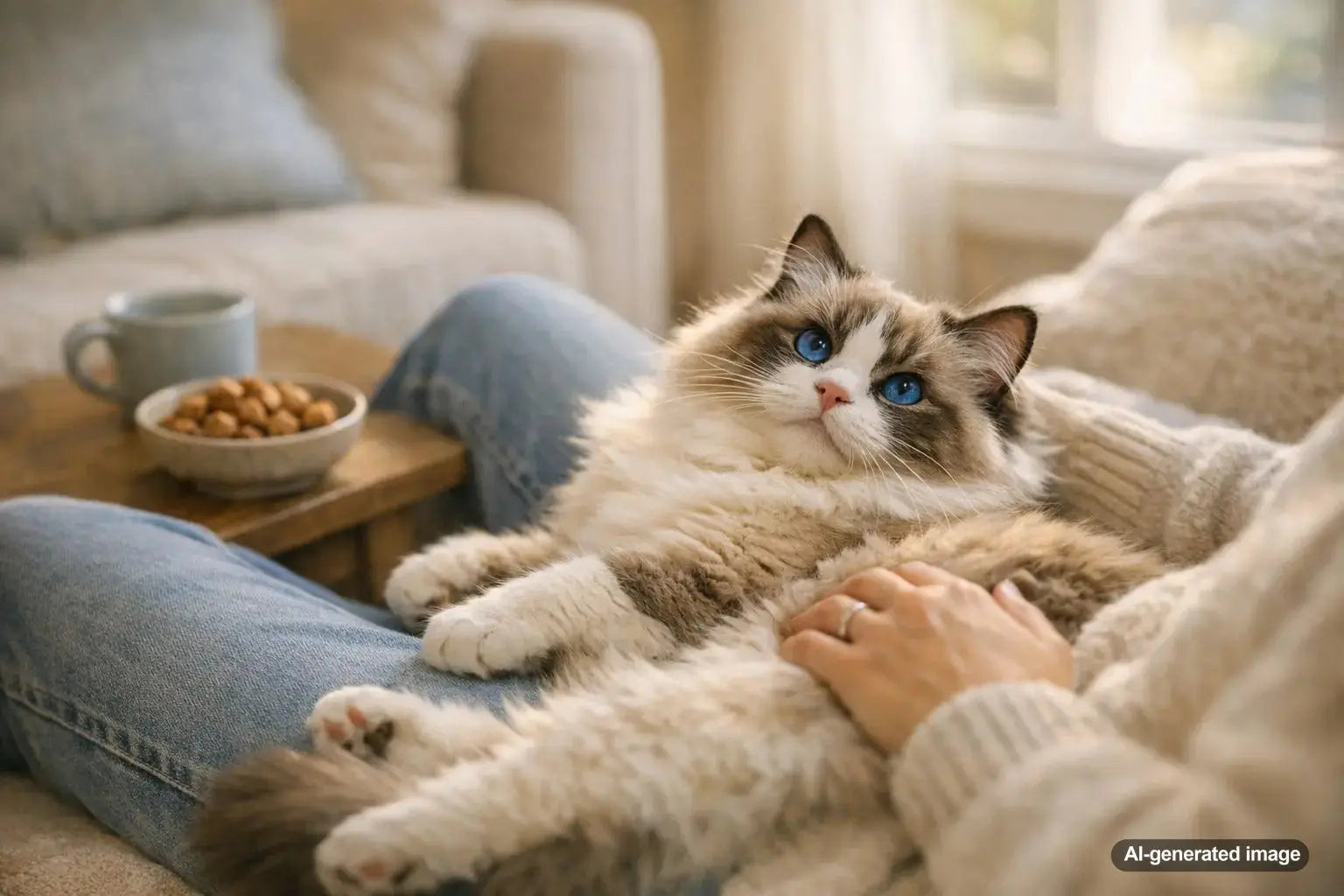 Ragdoll cat relaxing on a lap indoors showing affectionate behavior