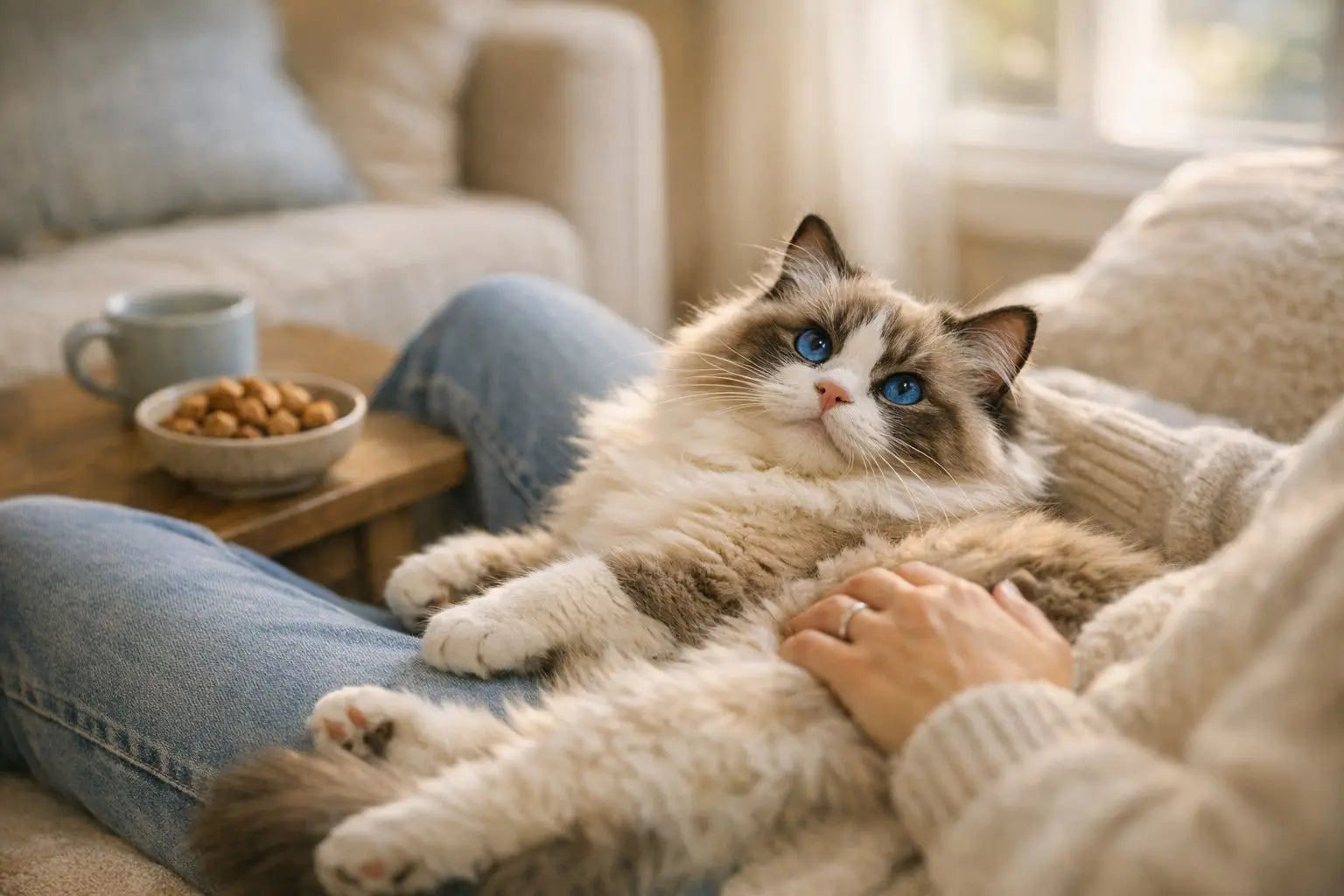 Ragdoll cat relaxing on a lap indoors showing affectionate behavior