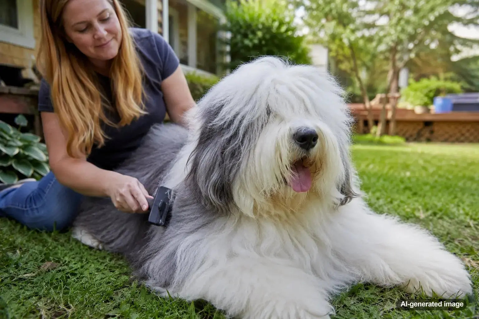 Old English Sheepdog grooming and coat management guide showing fluffy coat care routine