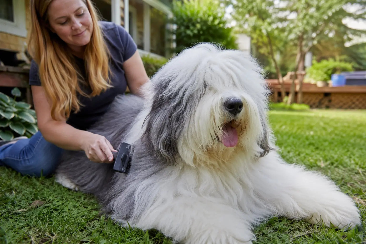 Old English Sheepdog grooming and coat management guide showing fluffy coat care routine