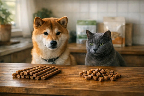 Long-lasting chews and bite-size dog treats side by side for different training and enrichment moments