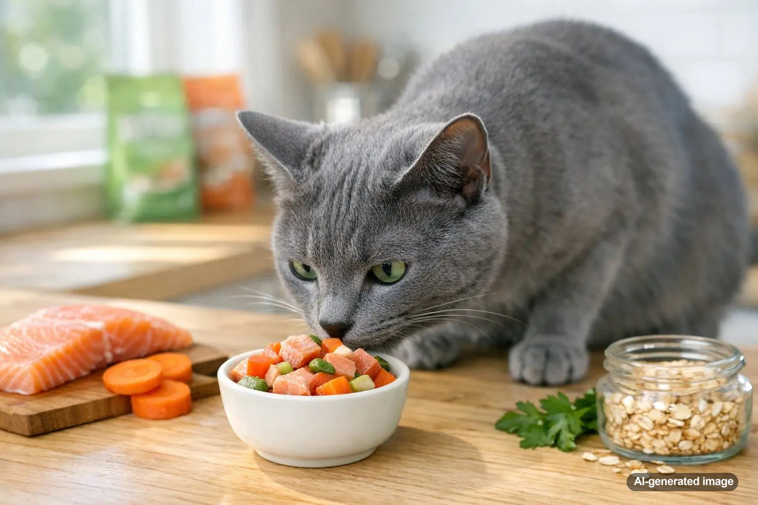 Low-calorie cat treats for picky eaters on a diet with a healthy, selective cat enjoying treat time