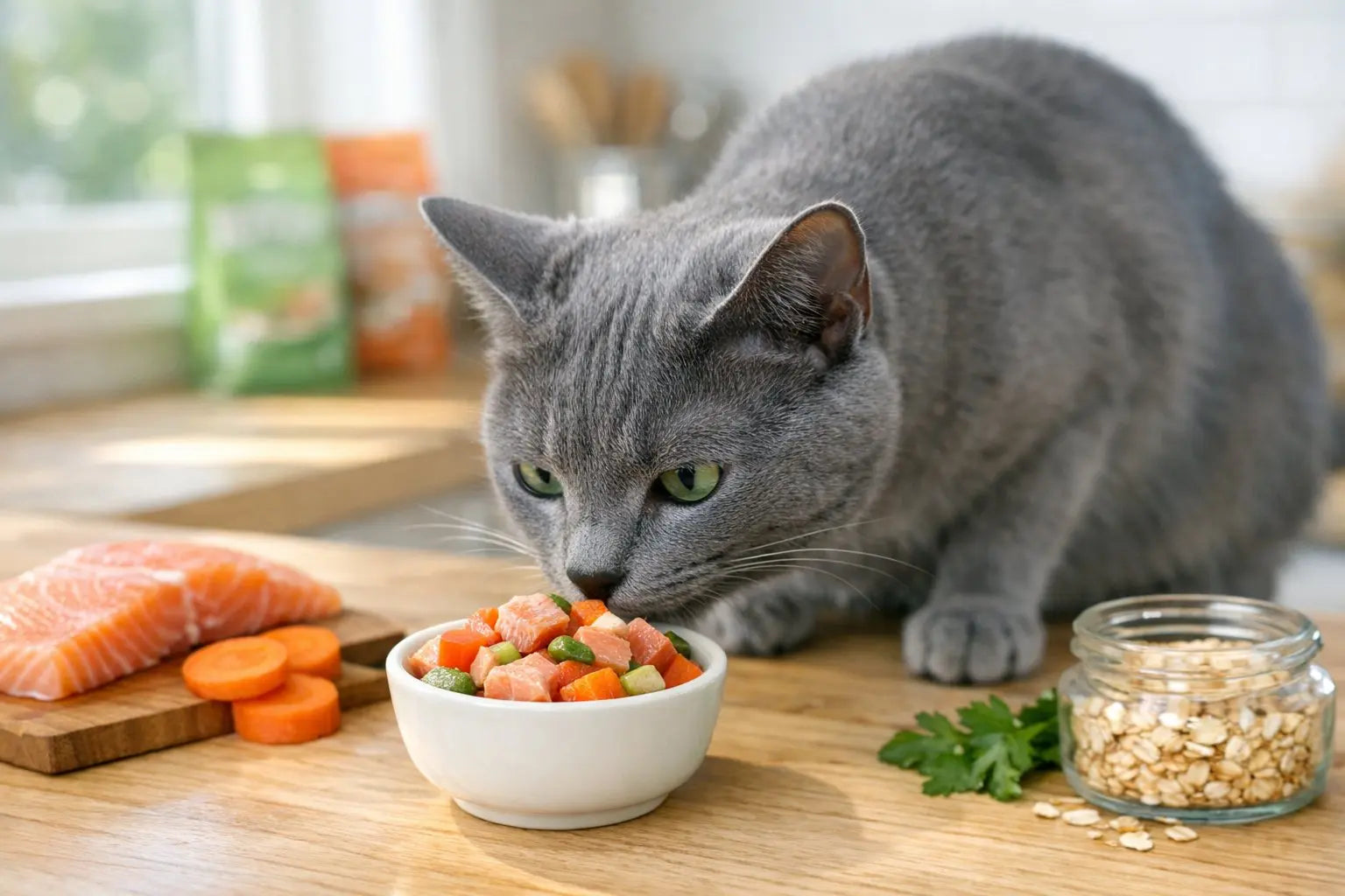 Low-calorie cat treats for picky eaters on a diet with a healthy, selective cat enjoying treat time