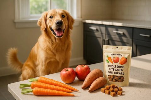 Low calorie dog treats for overweight dogs enjoying healthy snacks