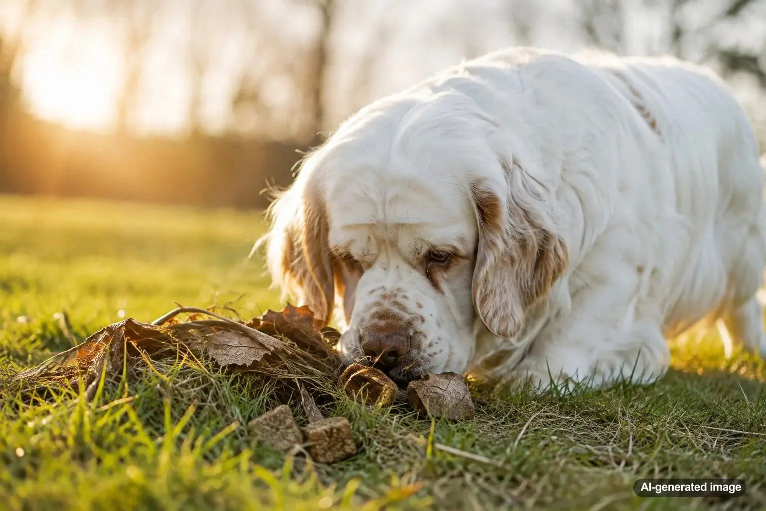 Clumber Spaniel enjoying low-impact treat games and nose work enrichment