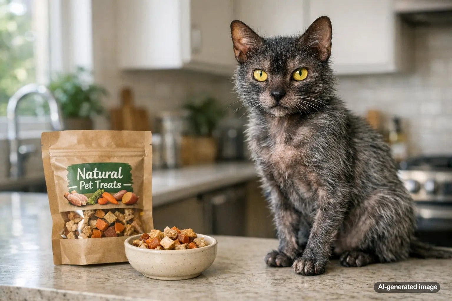 Lykoi werewolf cat sitting and showcasing its unique sparse coat and expressive eyes