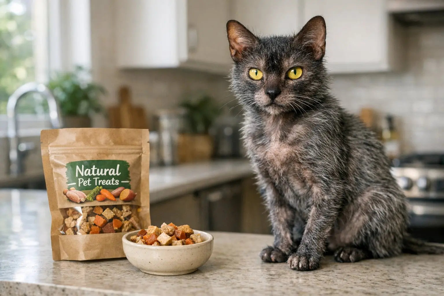 Lykoi werewolf cat sitting and showcasing its unique sparse coat and expressive eyes