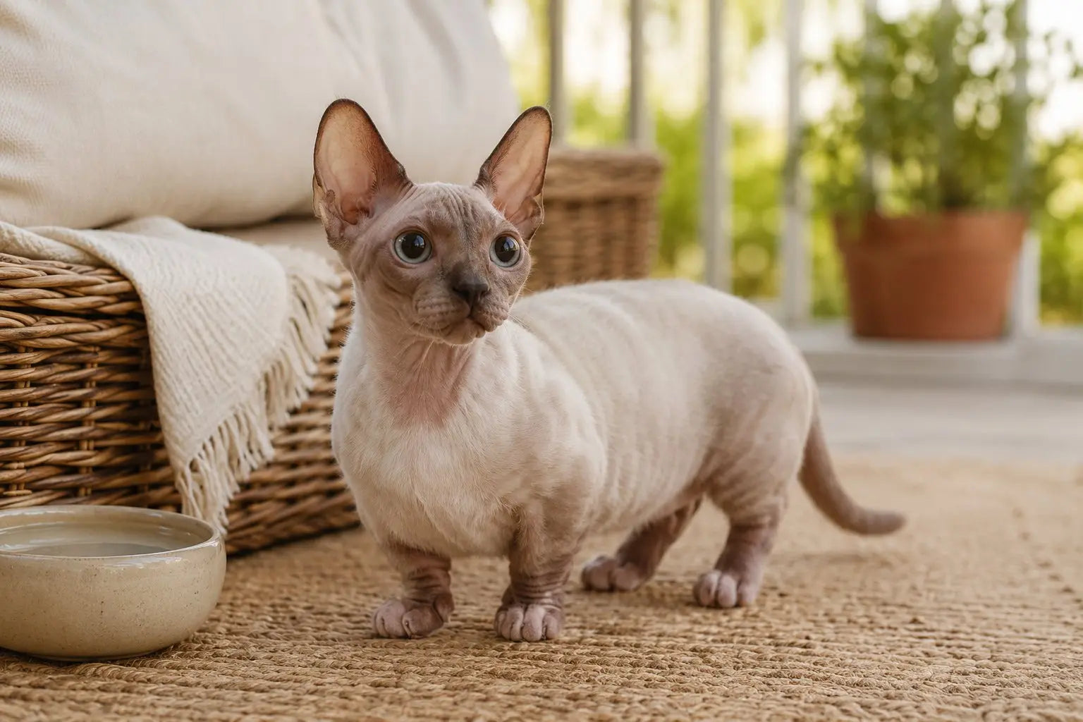 Minskin dwarf cat with short legs and soft fur points