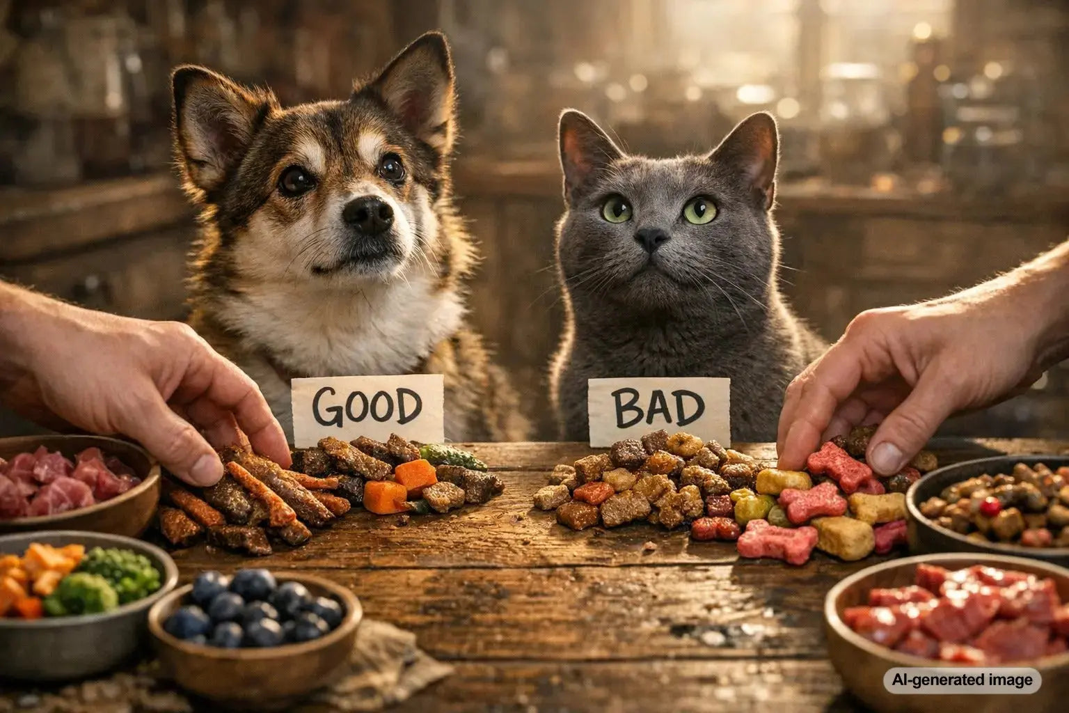 Dog owner reading a treat label while choosing low-phosphorus treats for a dog on a kidney-conscious diet