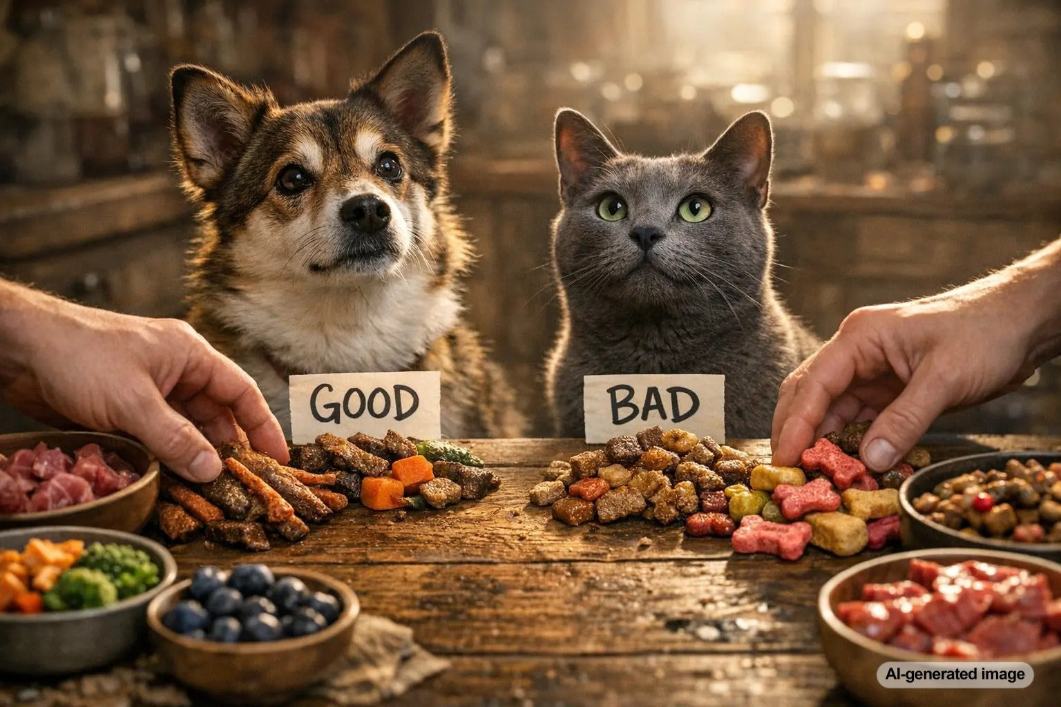 Dog owner reading a treat label while choosing low-phosphorus treats for a dog on a kidney-conscious diet