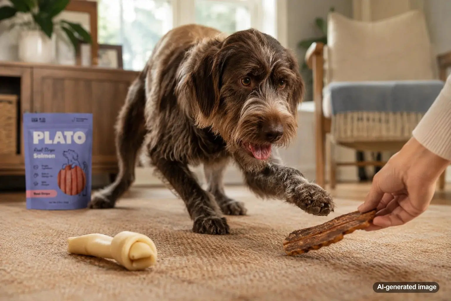 Dog comparing a natural chew and a synthetic chew for safe supervised chewing