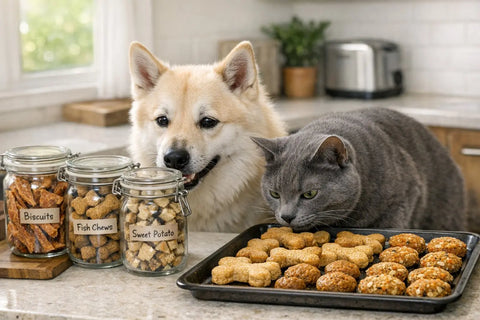 Natural pet treats compared to homemade treats focusing on safety storage and nutrition for dogs and cats