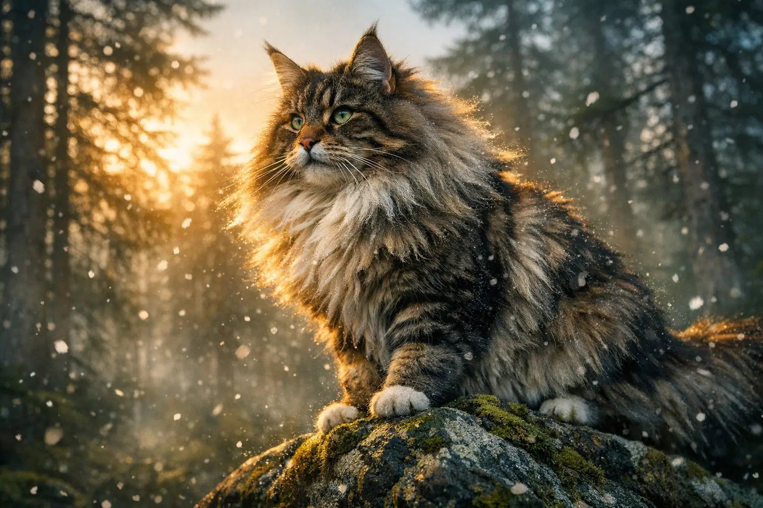 Norwegian Forest Cat lounging with long fluffy coat and lynx-tipped ears