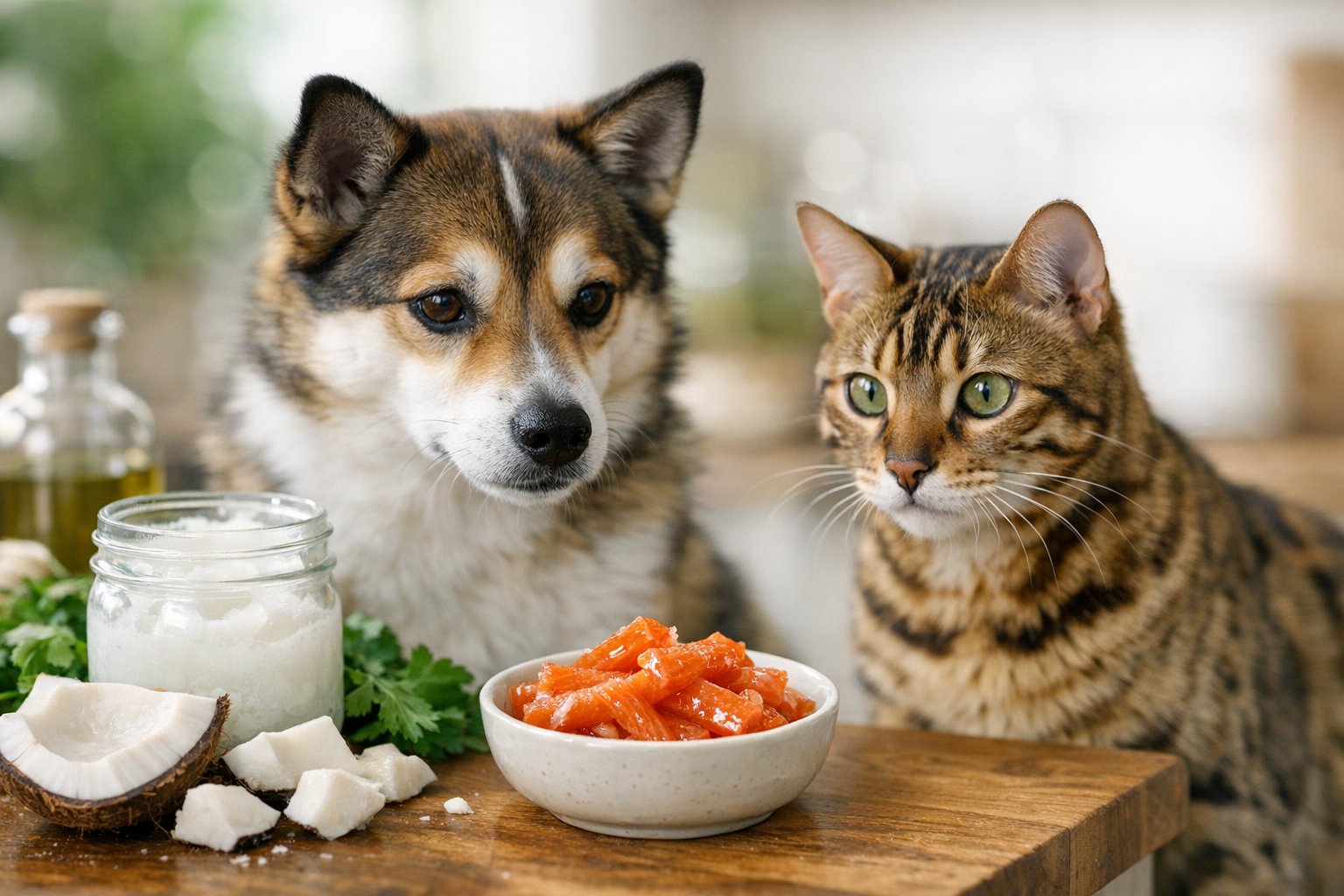 Organic coconut oil and salmon strip dog treats from Plato Pet Treats featured in a healthy fat benefits blog post