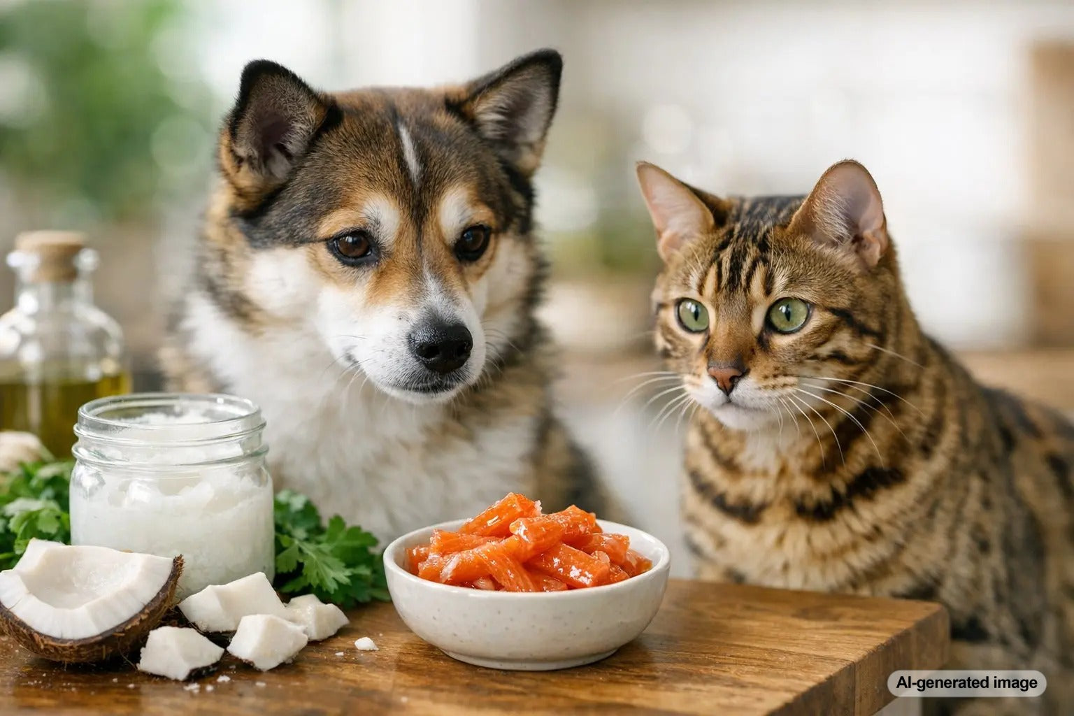 Organic coconut oil and salmon strip dog treats from Plato Pet Treats featured in a healthy fat benefits blog post