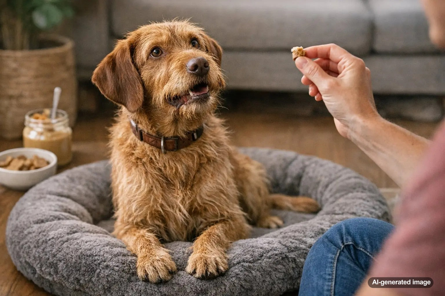 A happy dog enjoying safe peanut butter dog treats while learning the pros and cons