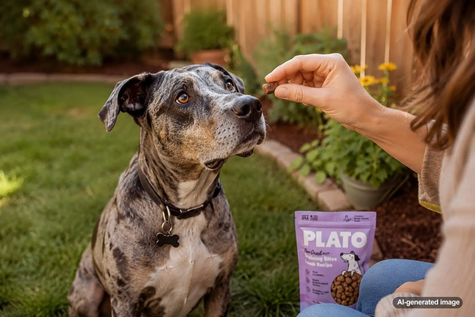 Happy rescue dog enjoying healthy Plato Pet Treats after adoption