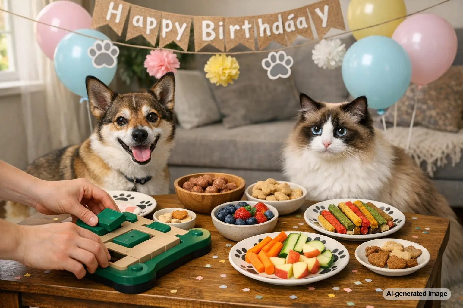 Colorful pet birthday party setup with treats, games, and decorations for dogs and cats