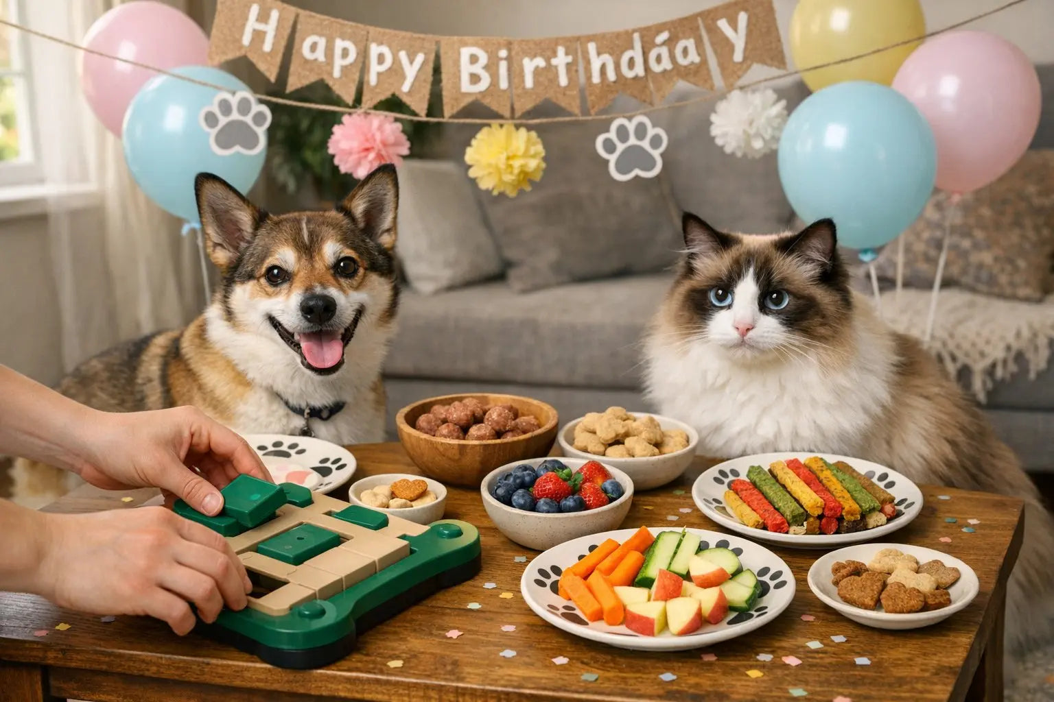 Colorful pet birthday party setup with treats, games, and decorations for dogs and cats
