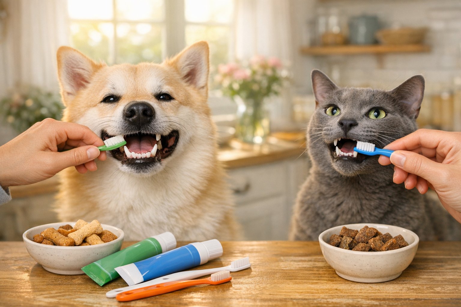 Dog and cat featured for pet dental care basics and healthy oral hygiene habits