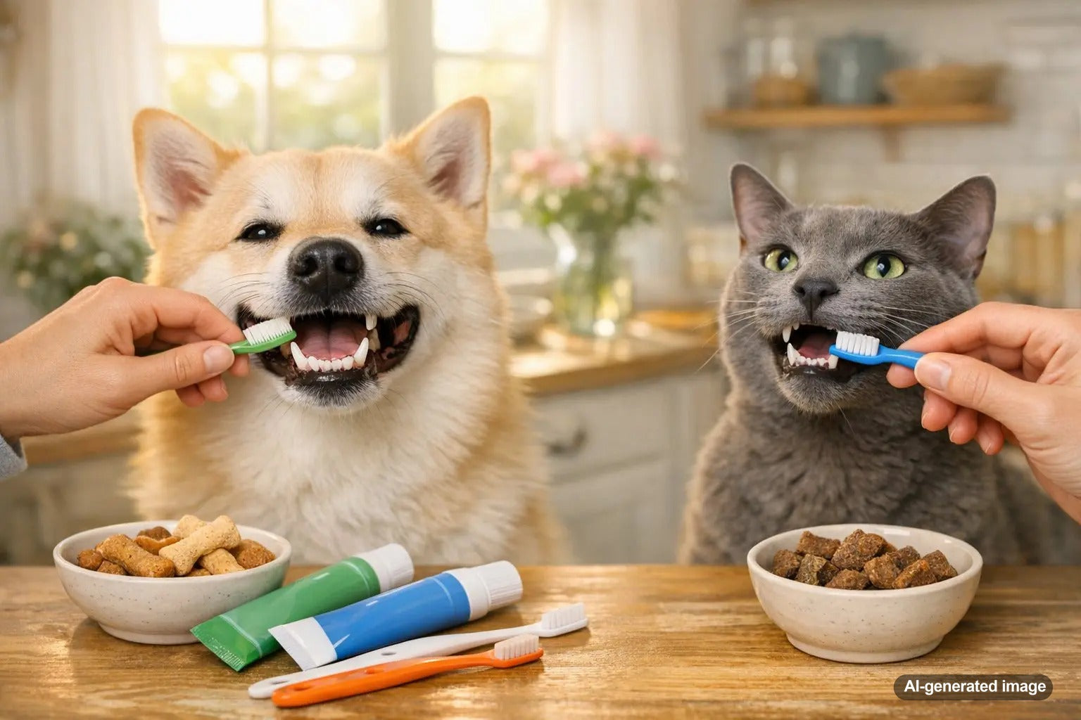 Dog and cat featured for pet dental care basics and healthy oral hygiene habits