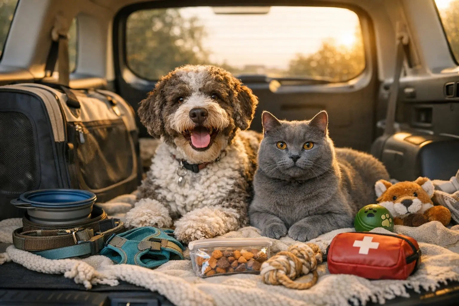 Dog and cat packed for travel with pet carrier, leash, treats, and first aid kit in a car