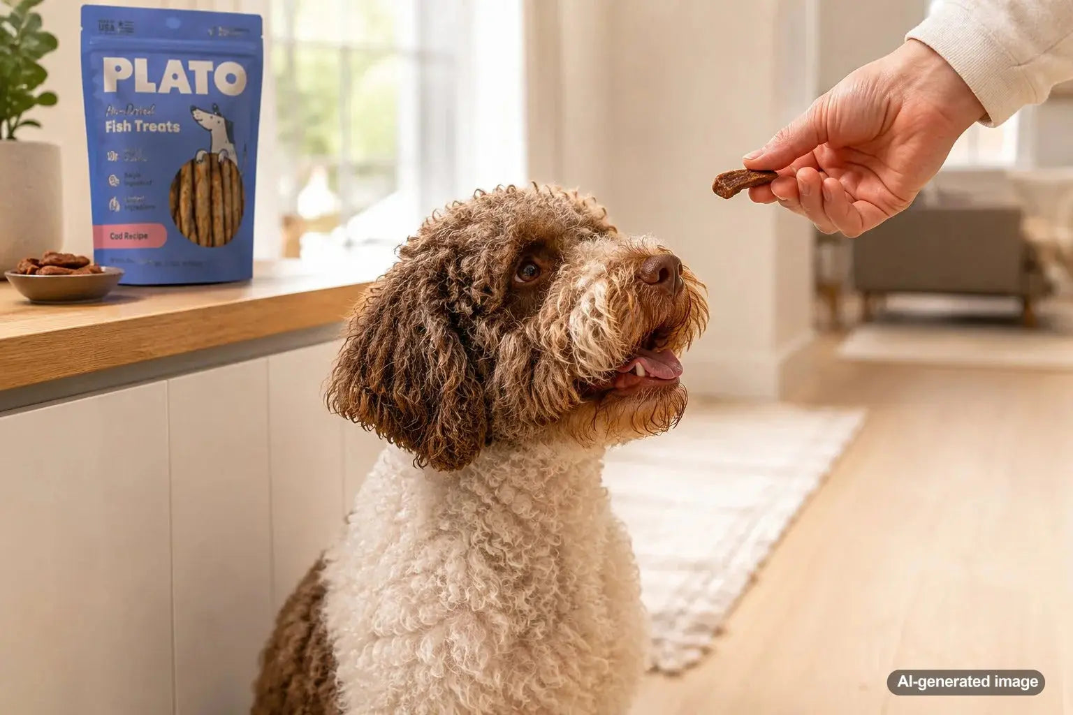Dog enjoying protein-rich treats while a pet owner reviews ingredients including pork plasma as a binder