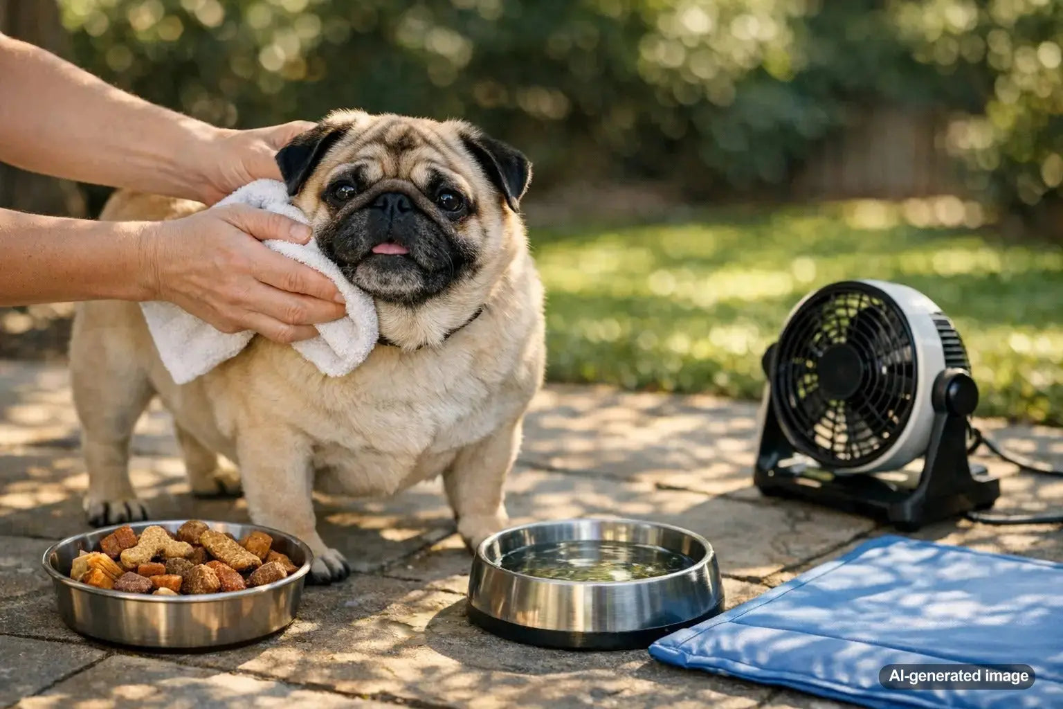 Pug lying comfortably outdoors staying cool with owner