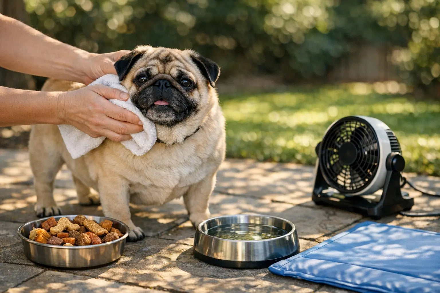 Pug lying comfortably outdoors staying cool with owner