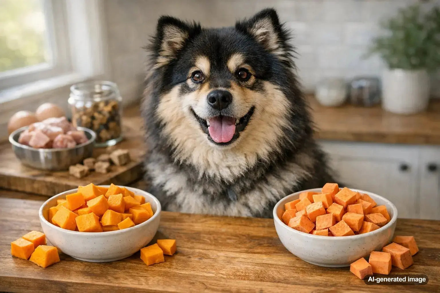 Happy dog between bowls of pumpkin and sweet potato for a blog about which is better for your dog's digestion