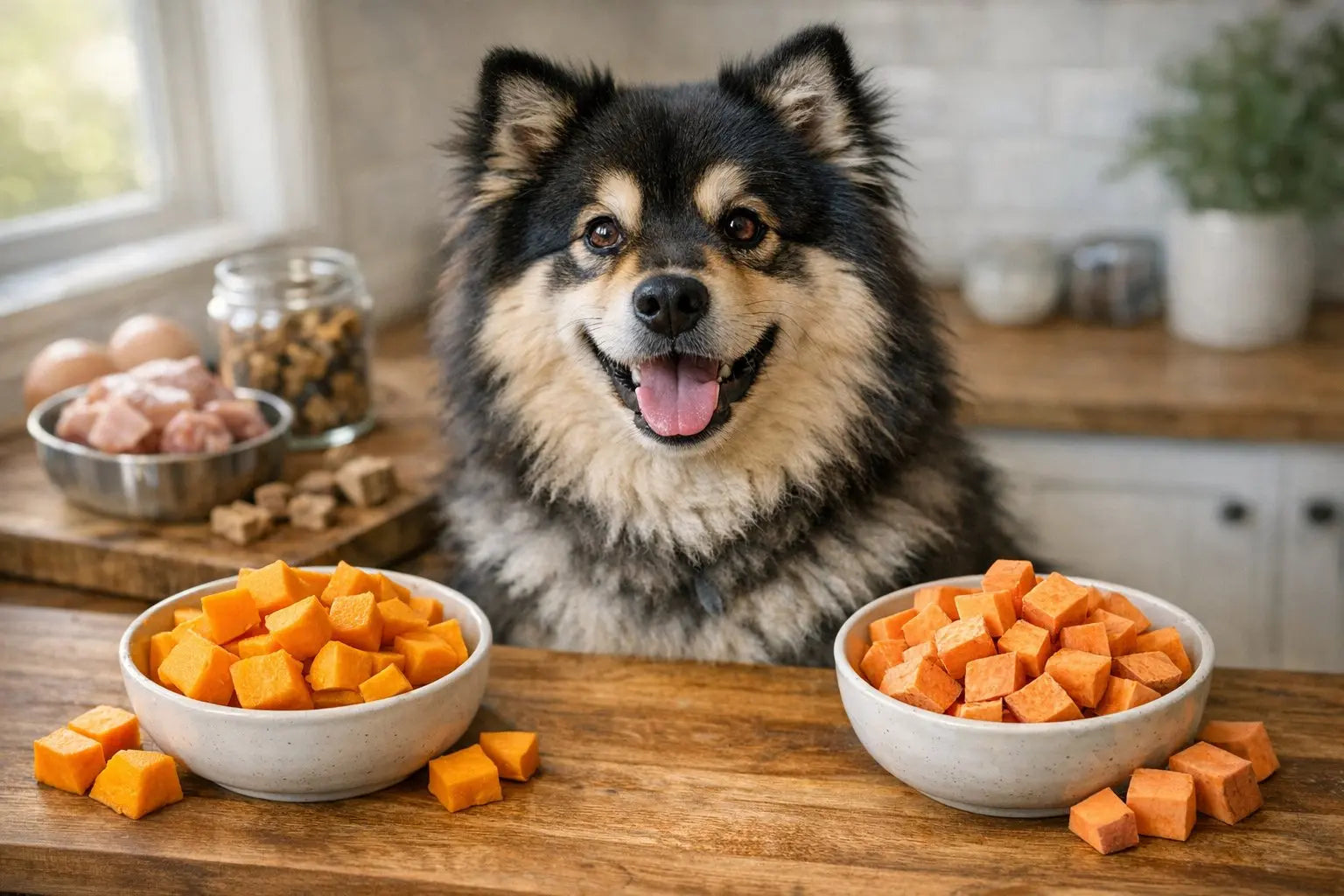 Happy dog between bowls of pumpkin and sweet potato for a blog about which is better for your dog's digestion