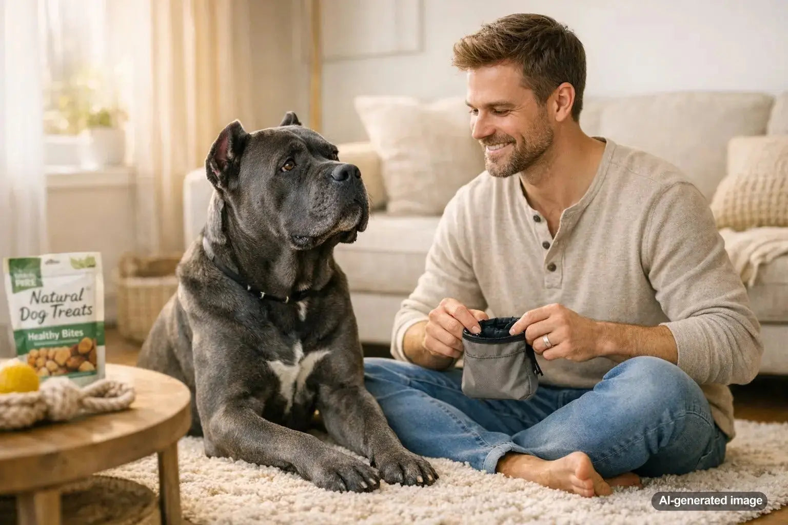 Well mannered Cane Corso sitting calmly as a confident guardian dog