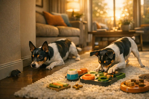 Alert Rat Terrier exploring a modern home environment, showcasing natural pest control instincts and enrichment activities