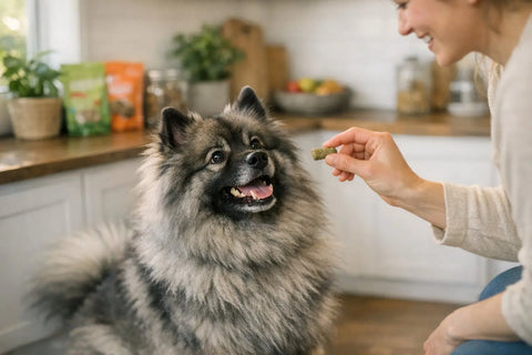 Dog showing body language cues during treat time with Plato Pet Treats
