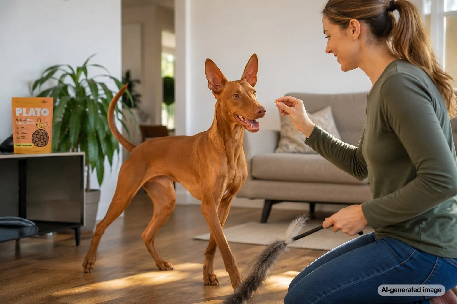 Pharaoh Hound playing a reward-based chase game in a secure outdoor area