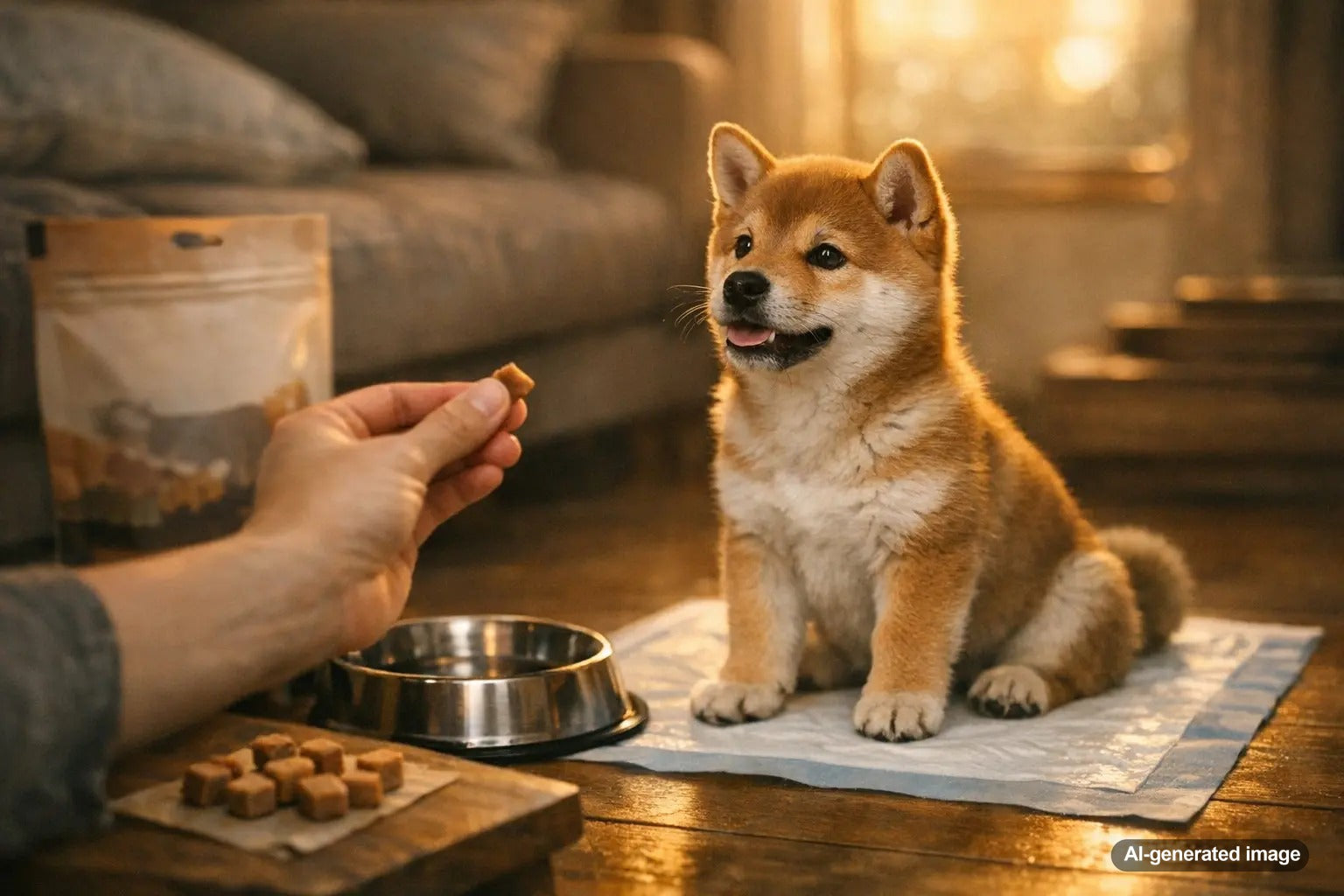 Reward-based potty training routine for puppies using soft dog treats