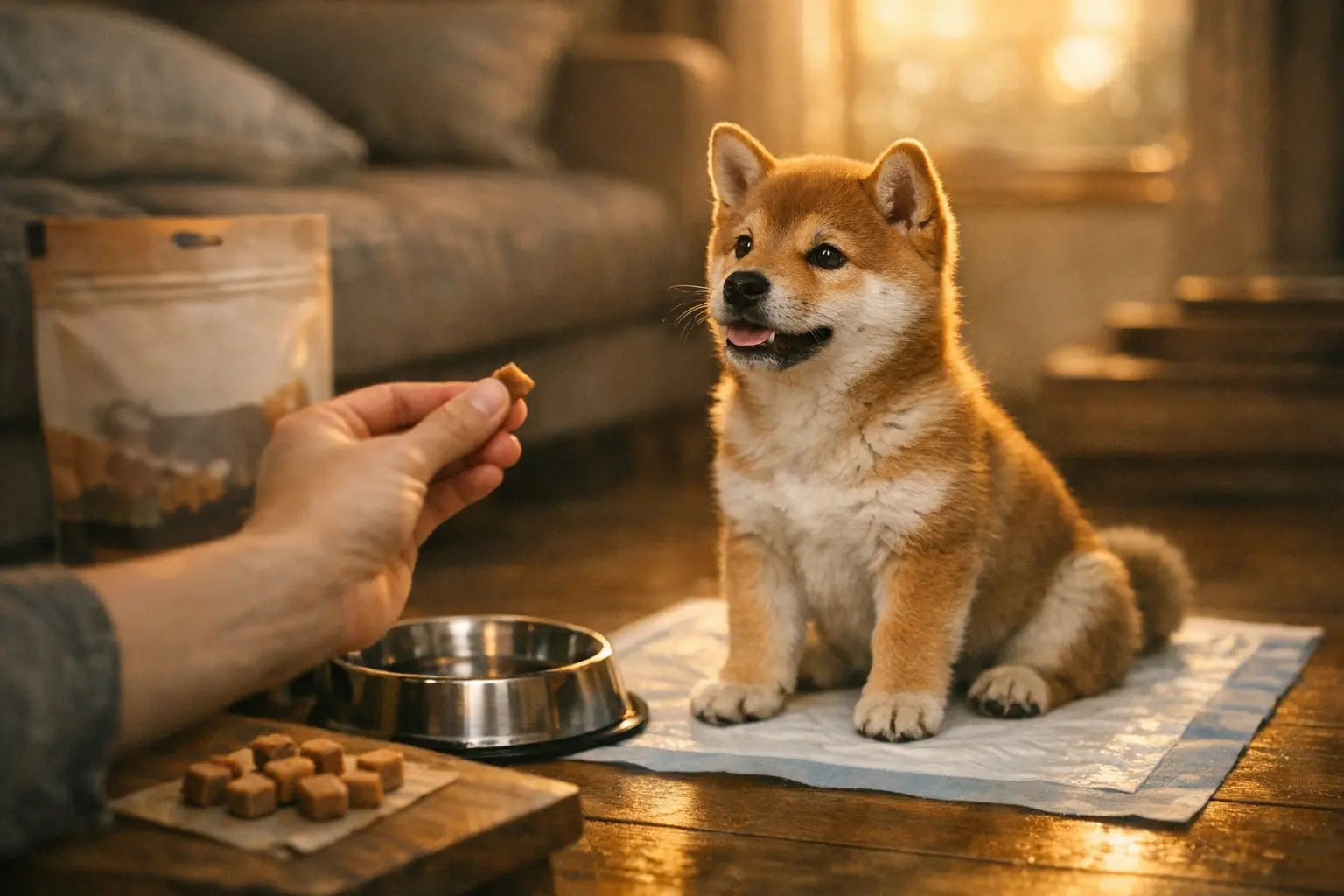 Reward-based potty training routine for puppies using soft dog treats