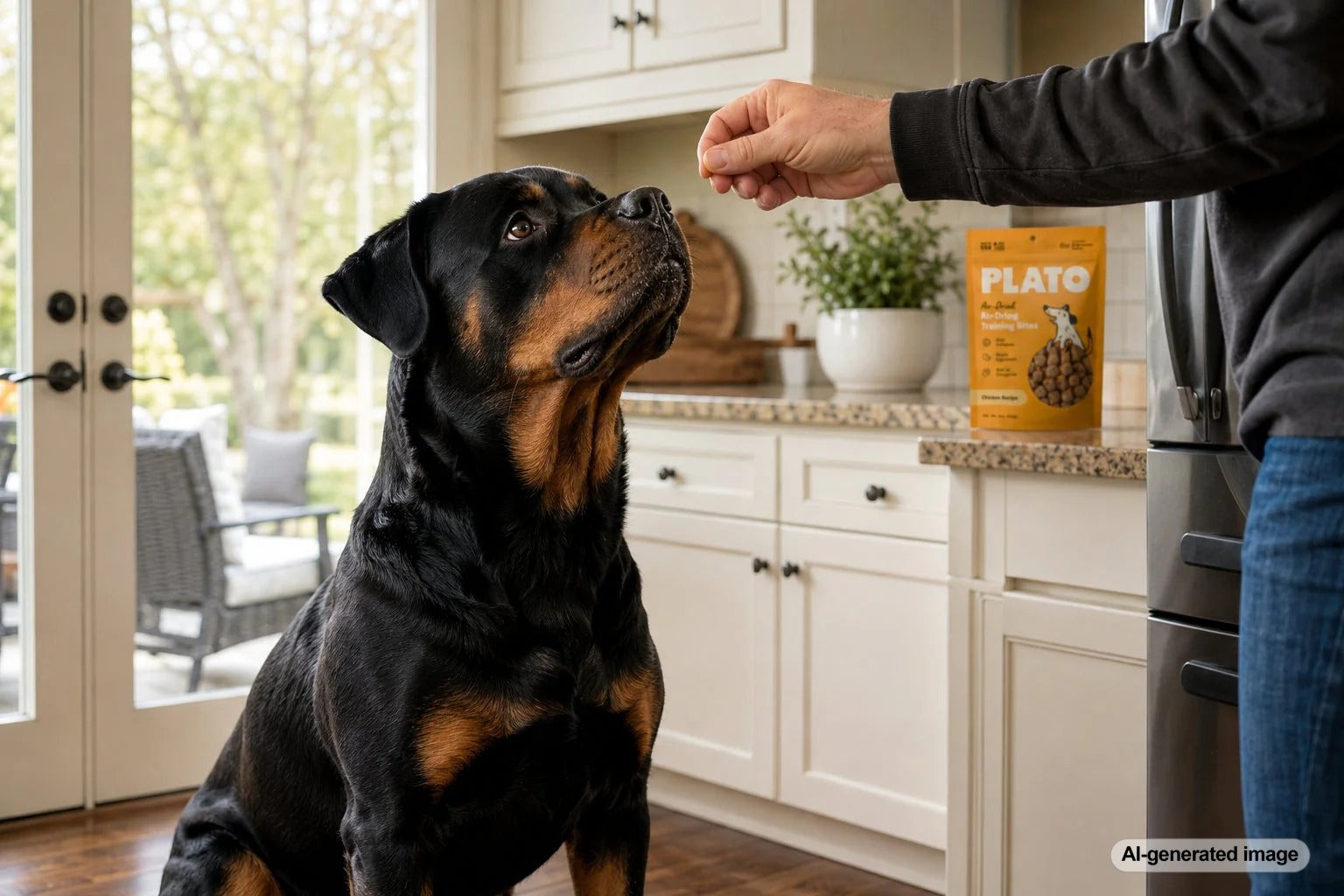 Rottweiler practicing reward-based training with healthy dog treats