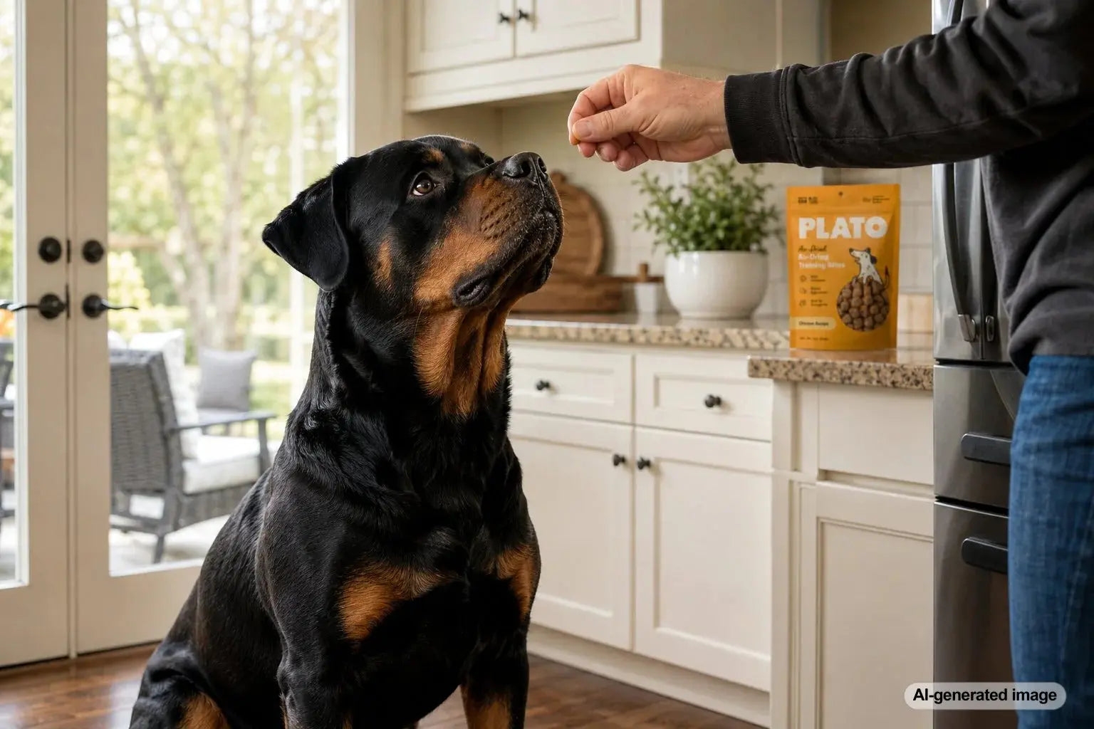 Rottweiler practicing reward-based training with healthy dog treats