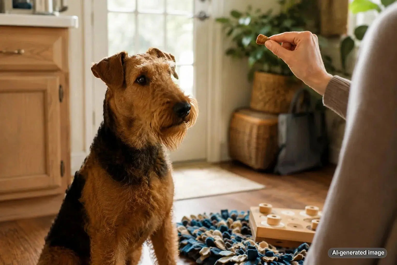 Airedale Terrier enjoying smart reward ideas with structure, humor, and training challenge
