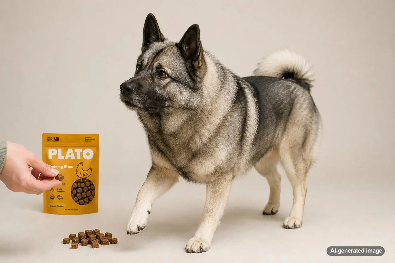 Norwegian Elkhound receiving a training reward while patrolling an outdoor yard
