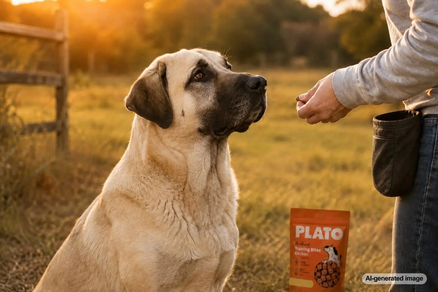 An Anatolian Shepherd calmly cooperating with an owner during positive reward-based training